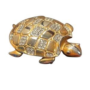 VTG Donald Stannard Turtle Brooch Gold Rhinestone Statement Pin Signed